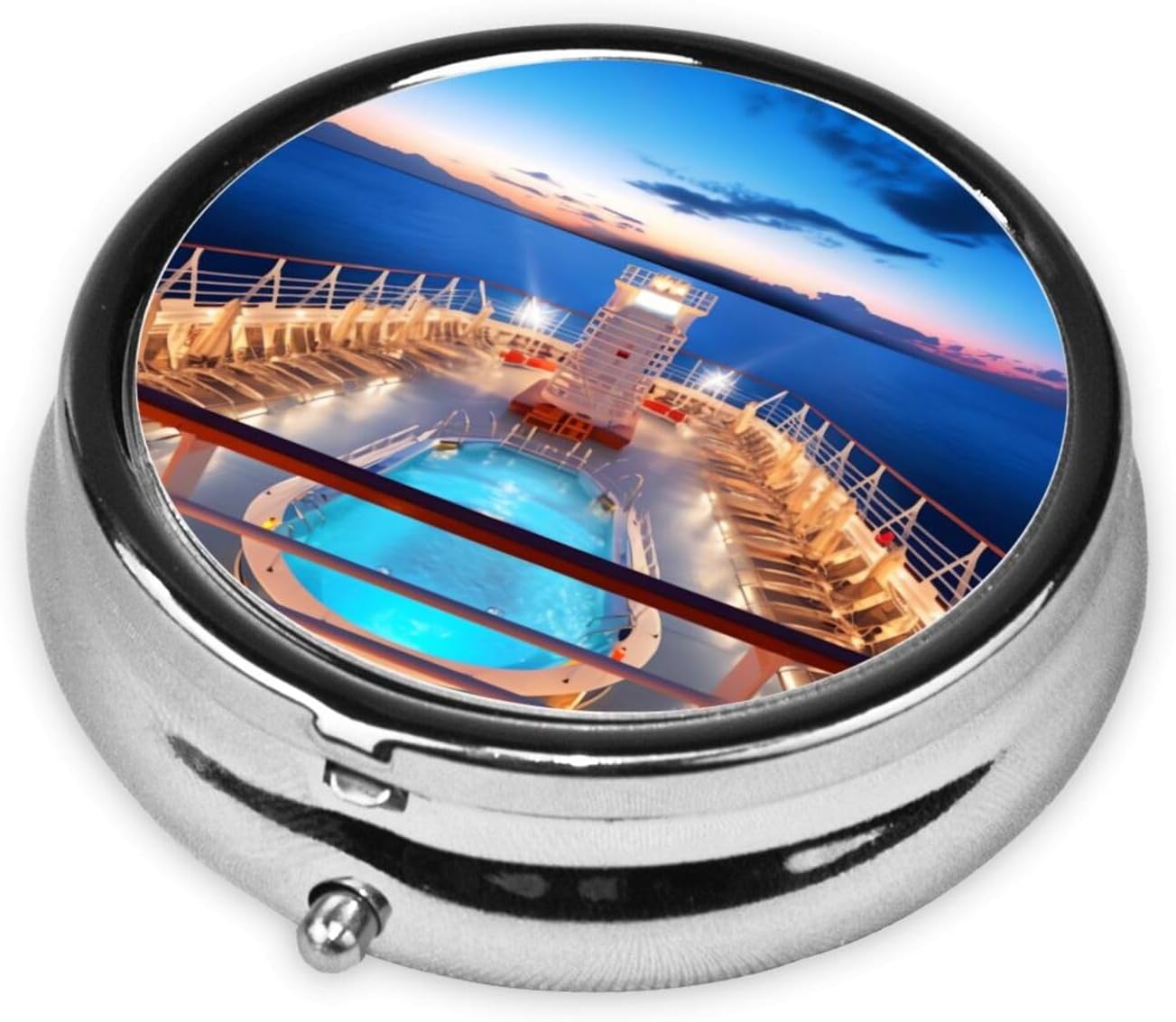 Small Pill Box Portable Pill Case 3 Compartment Metal Pill Vitamins Holder Organizer Cute Pool Party Cruise Ship Travel Pillbox for Purse Pocket image 3