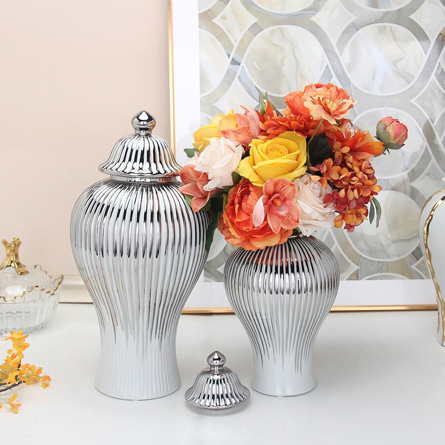 Duży ceramiczny wazon na imbir, 20x42 cm, do dekoracji domu, ręcznie robiony ceramiczny wazon na imbir z pokrywką, porcelanowy pojemnik na kwiaty (20x42 cm)