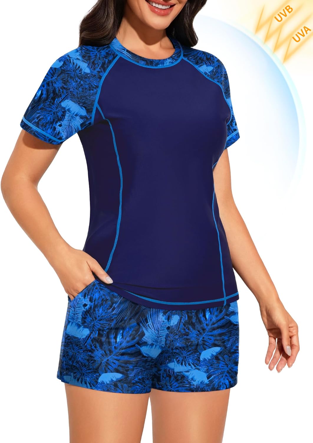 Bonneuitbebe Women 2 Peice Rash Guard Built in Bra UPF 50+ Swimsuits Short Sleeve Swim Shirt with Boyshorts with Pockets