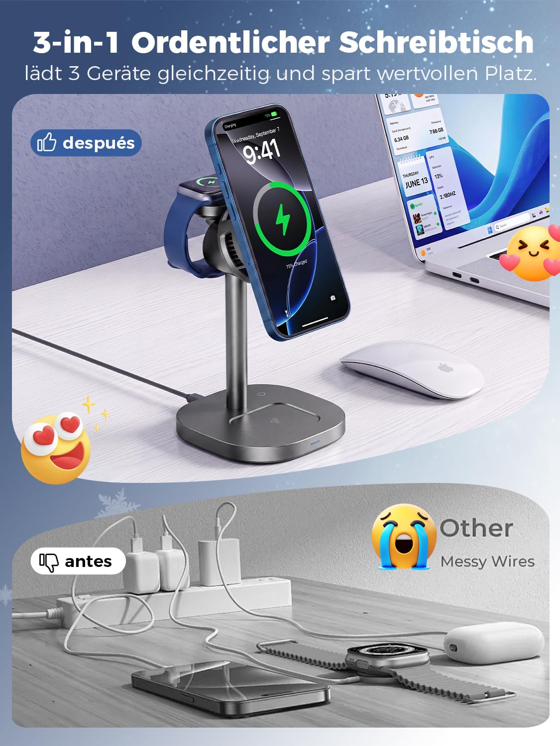 Qi2.2 25W MagSafe 3-in-1 Ladestation mit Kühlung für Apple Watch und iPhone | Wireless Charger für iPhone 17/16/15, Samsung S26/S25/S24, Watch, AirPods, aktive Kühlung, inkl. 45W Netzteil