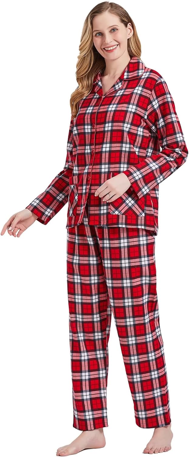 amaxer Women's Warm Pjs Flannel Pajamas Set 100% Cotton Sleepwear Button Pajama Set with Elastic Drawstring - Image 3
