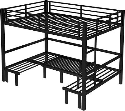 Queen Over Queen Metal Pull-Out Bunk Bed, 3-Section Trundle Lower Bunk, Safety Rail Top Bunk, Black