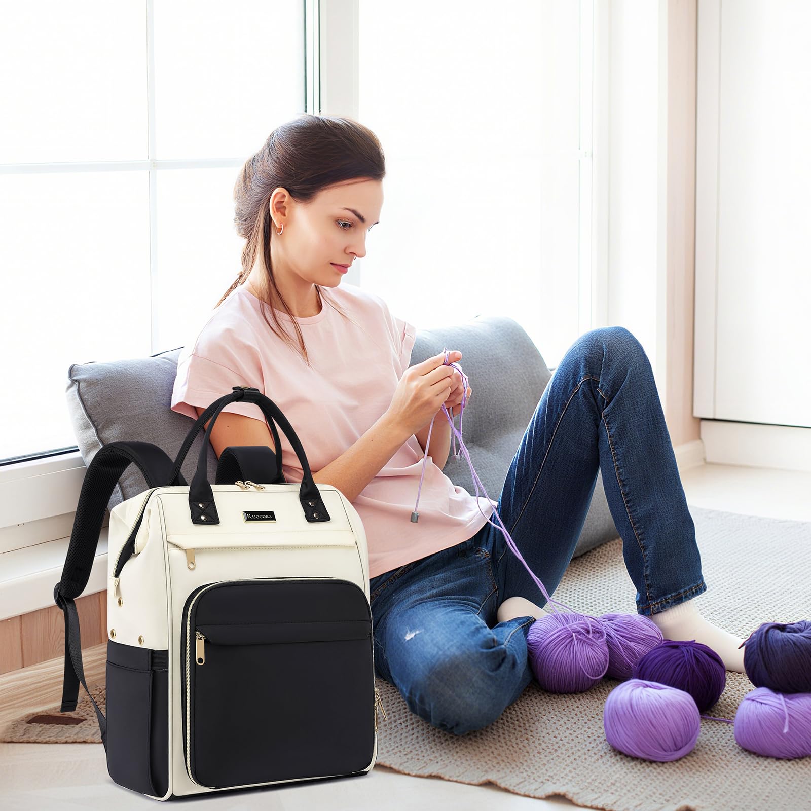 Kuosdaz Crochet Bag Backpack, Large Yarn Storage Crochet Organizer, Christmas Gifts Travel Crochet Backpack for Women, Knitting & Crochet Accessories for Crochet Hooks, Black & White