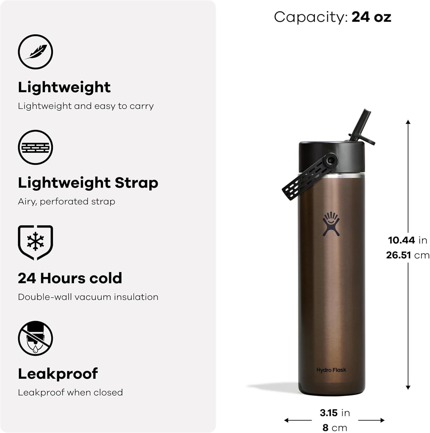 Hydro Flask 24 Oz Lightweight Wide Straw Lid - Insulated Stainless Steel Water Bottle - Hiking, Commuting Obsidian