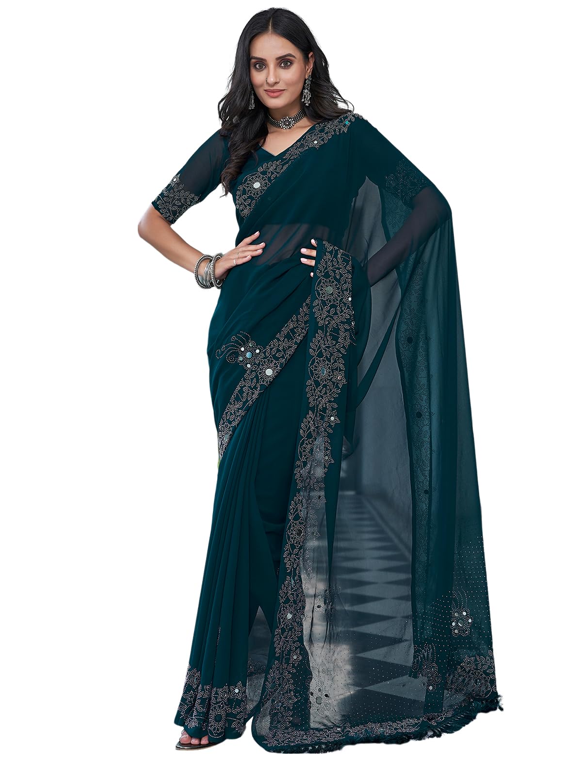 Satrani Women's Stone & Mirror Work Embellished Georgette Saree With Unstitched Blouse Piece (3754S122N_Rama Blue)
