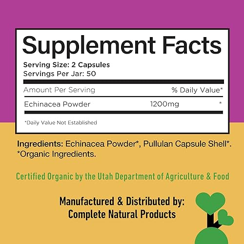 Miniatura 6 de Complete Natural Products Cápsulas orgánicas de equinácea de 600 mg, 100 unidades | A base de plantas, sistema inmunológico y apoyo a la salud