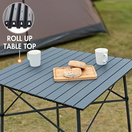 Miniatura 20 de PORTAL Mesa cuadrada plegable de aluminio ligero con tapa enrollable para 4 personas, mesa compacta con bolsa de transporte para camping, picnic