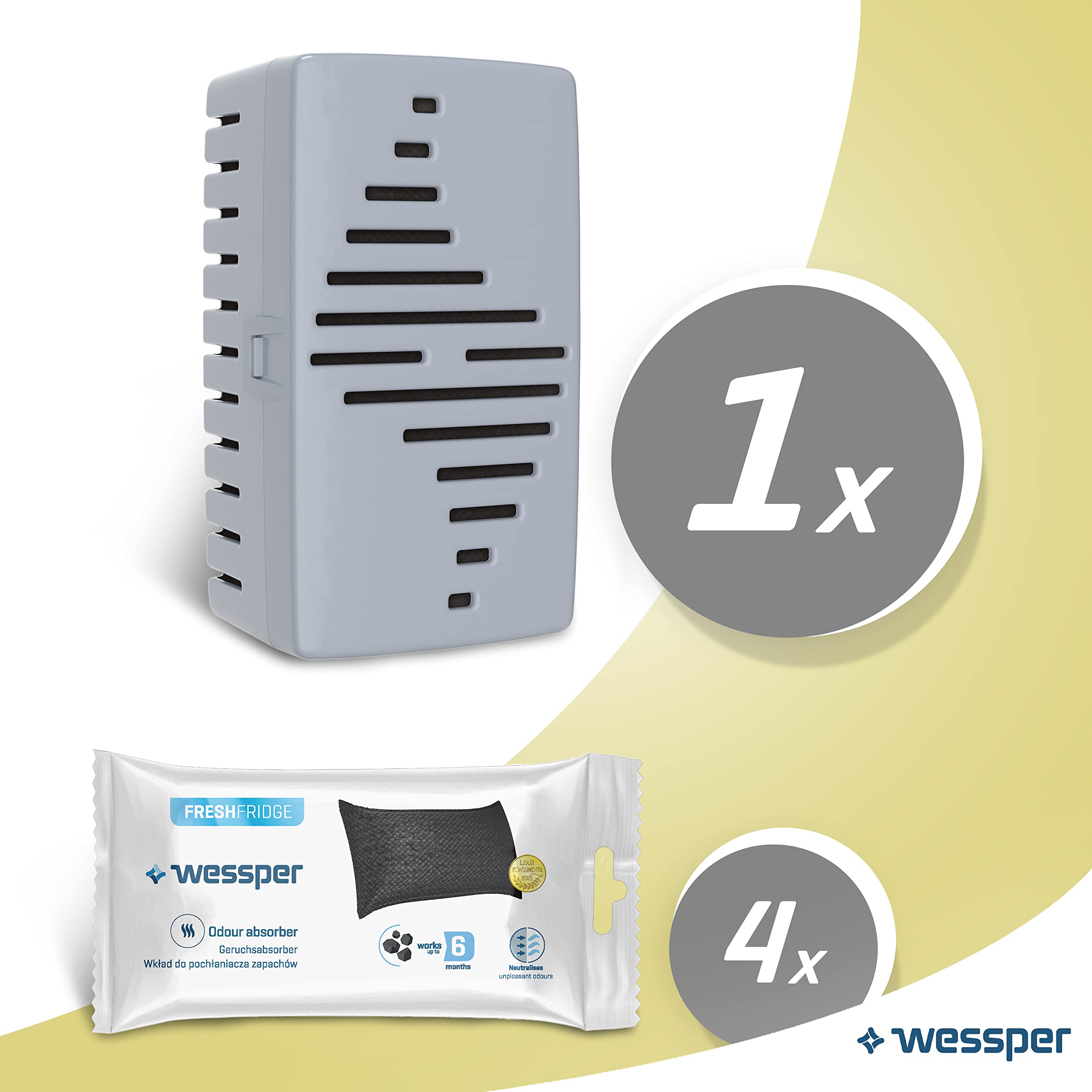 Wessper Fresh Fridge pochłaniacz zapachów do lodówki z wymiennym wkładem, neutralizuje niepożądane zapachy, z węglem aktywnym, bardzo wydajny, 6 miesięcy użytkowania, 4 opakowania uzupełniające | Lodówka eliminująca zapachy, z wymiennym wkładem z węglem a