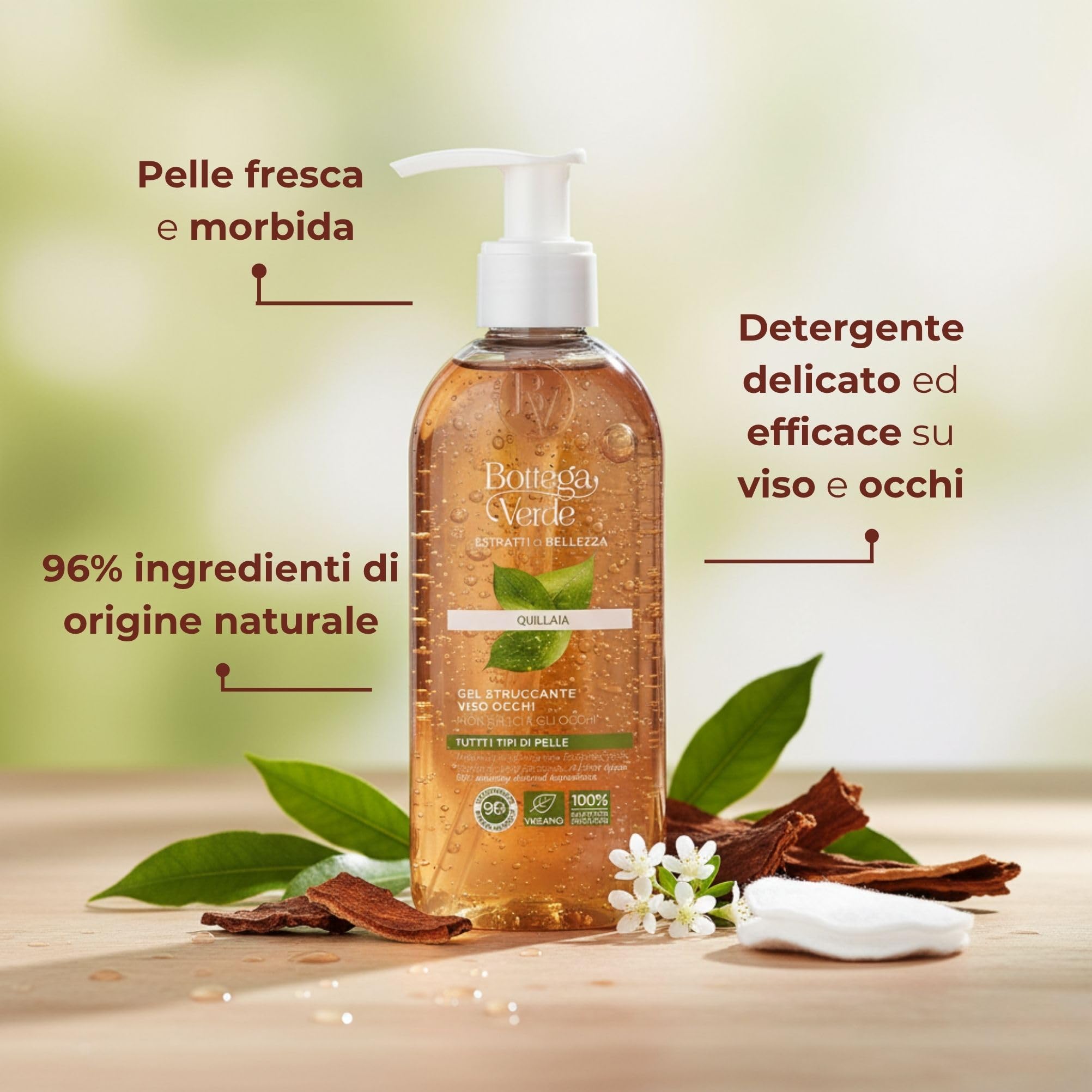 Bottega Verde - Estratti di Bellezza, Gel Struccante Viso e Occhi, 200 ml, con Quillaia per una Azione Detergente Naturale, Non Brucia gli Occhi, Formula Delicata, per Tutti i Tipi di Pelle