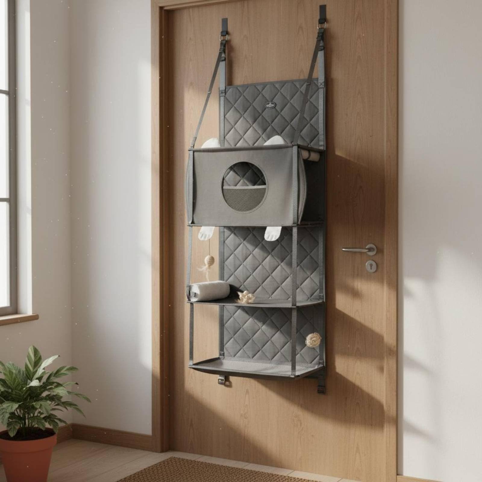 Telaio per Gatto Pieghevole Sospeso Porta Multiattività Area Riposo Richiudibile Installazione Sicura Adatto per Abitazioni Piccole Spazi Ristretti, Light Gray L