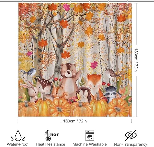 Miniatura 2 de Juego de 4 cortinas de ducha de otoño con diseño de bosque y vida silvestre, cabaña de acuarela, animales del bosque, ardilla, oso, zorro, hojas de