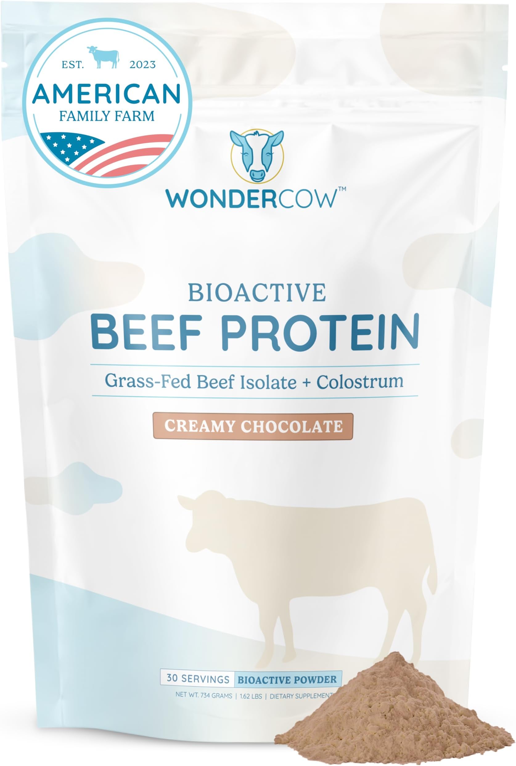 WONDERCOW Beef Protein Isolate Powder w/Bovine Colostrum Supplement | Clean, 100% Grass Fed, Carnivore, Keto Friendly | Gluten Free | 20g of Protein, 30 Servings, Chocolate