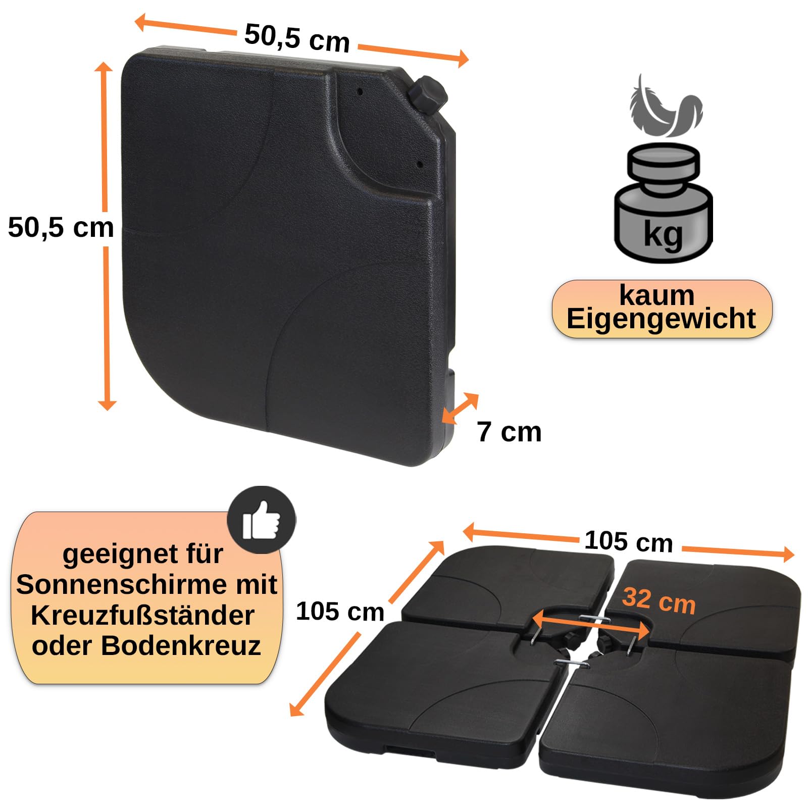 Montafox Sonnenschirmständer 4-teilig Schirmgewicht für Ampelschirm Bodenkreuz schwarz 60 Liter / 100 kg - befüllbar mit Wasser oder Sand 7 Jahre Garantie auf Material*