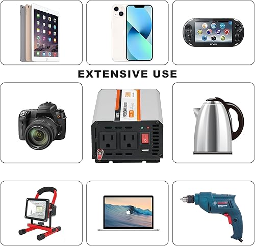 Miniatura 6 de Inversor de corriente de 500 W, convertidor de corriente continua de 12 V a 120 V CA para vehículos, adaptador de onda sinusoidal pura con puerto