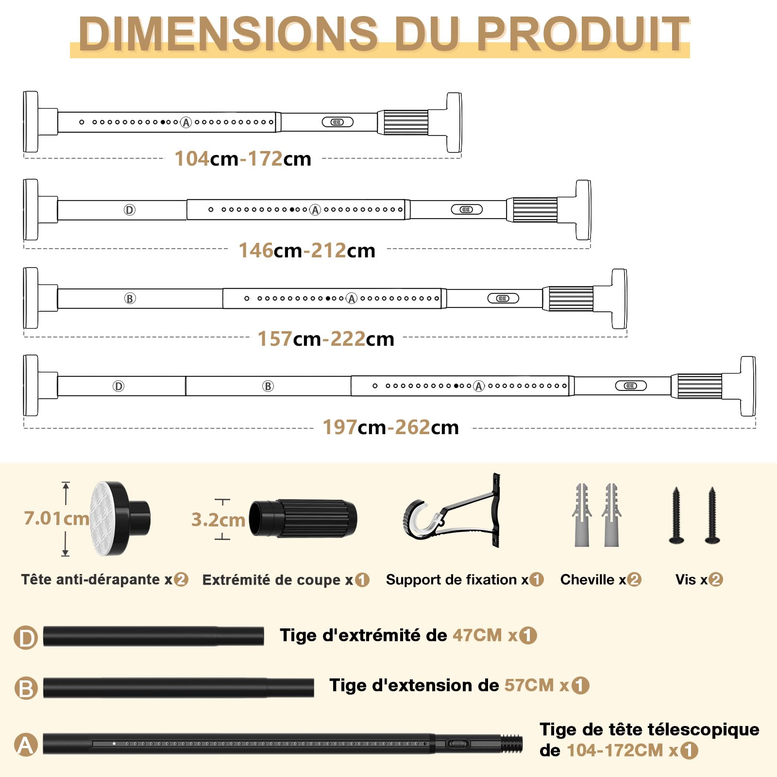 1 Barre Rideau Sans Percage 100-262 cm Barre Rideau Extensible,Barre Telescopique Tringle Rideau Extensible Sans Percage Pour Salle De Bain, FenêTre,Porte,Noir