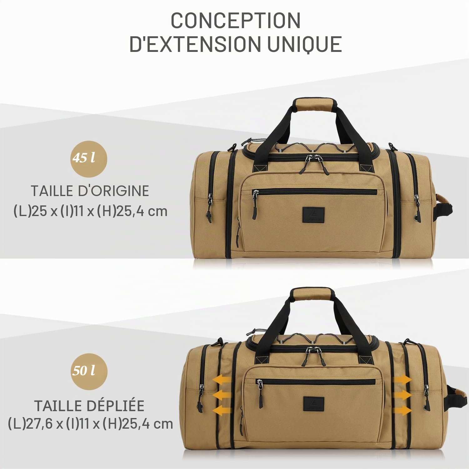 Laripwit Extensible Sac de Voyage Homme 45-50L Sac Weekend Femme Leger pour Camping Grand Sac de Sport Fitness, Marron