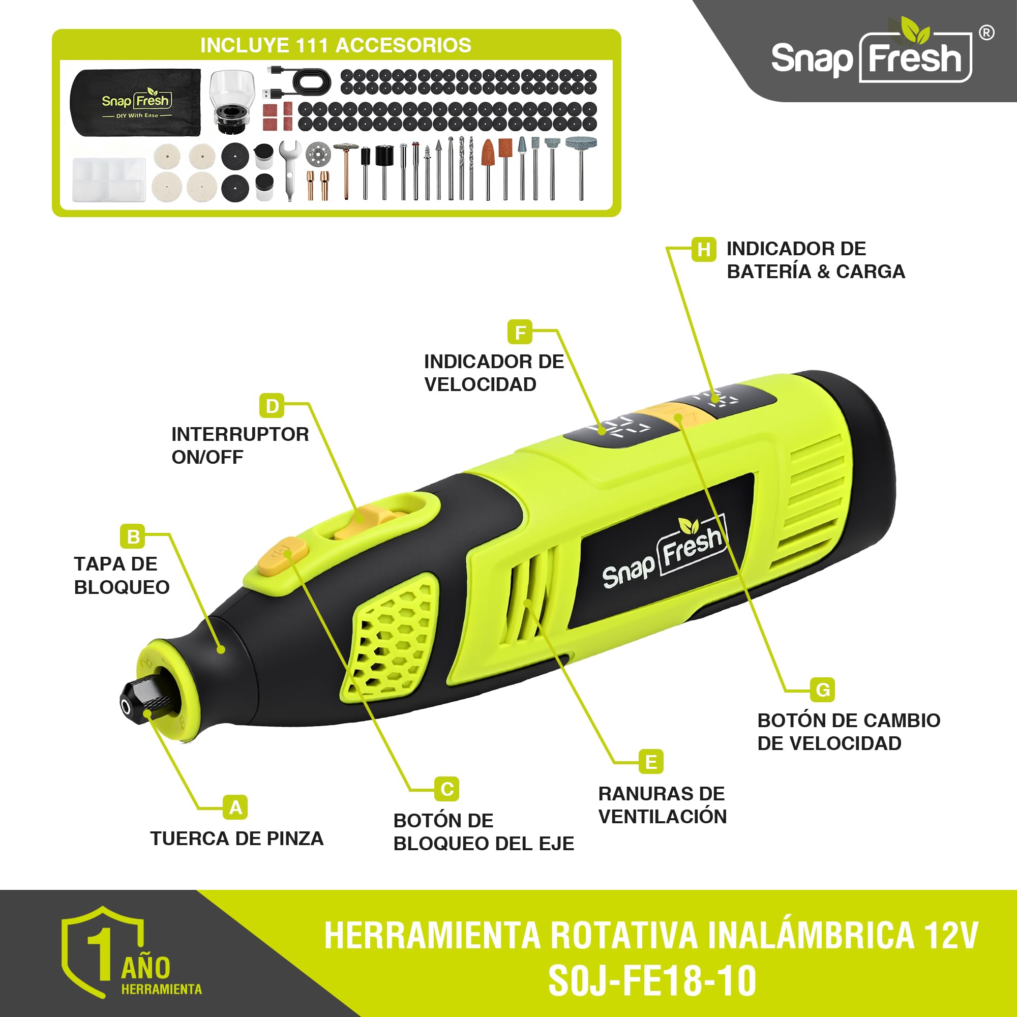 SnapFresh Herramienta Rotativa Inalámbrica 12V con Pantalla Digital, Multiherramienta con 32 Velocidades Ajustables (5000-32000 RPM), Kit Profesional con 111 Accesorios, Cargador Rápido y Maletín