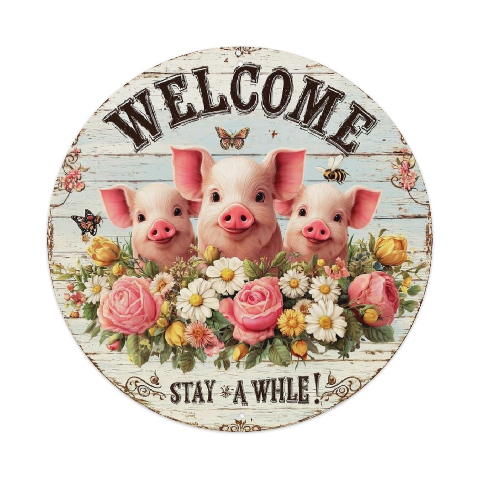 Pigs Flowers Butterflies Welcome Sign Retro Metal Sign Round Tin Sign, Vintage Decor Art Poster for Bar, Home, Man Cave, Kitchen, Laundry Room Gift 8x8Inch