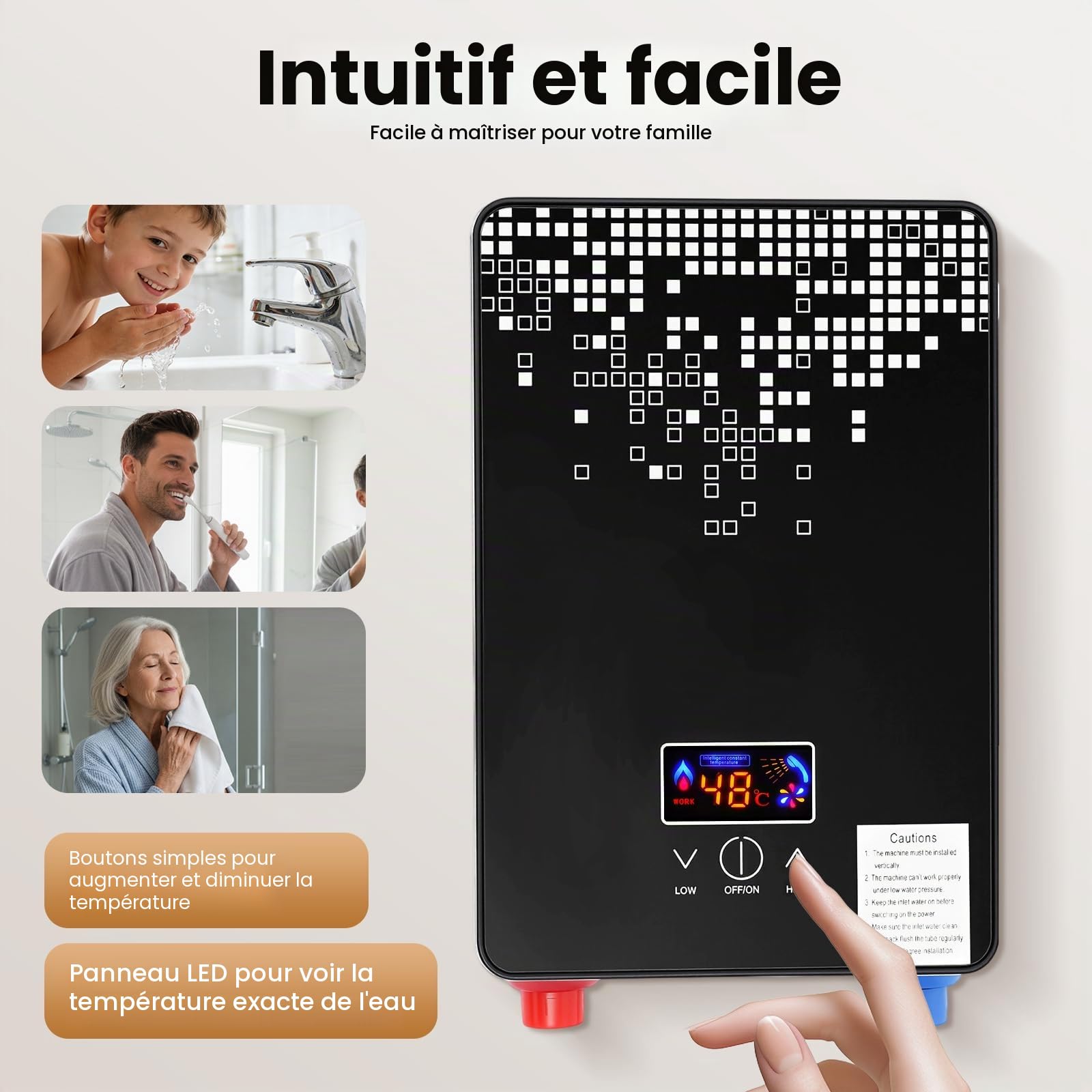Chauffe-eau électrique 6500 W, chauffe-eau électrique avec écran LED, température réglable, température réglable, étanche IPX24, chauffe-eau, avec douchette à main, pour salle de bain et douche