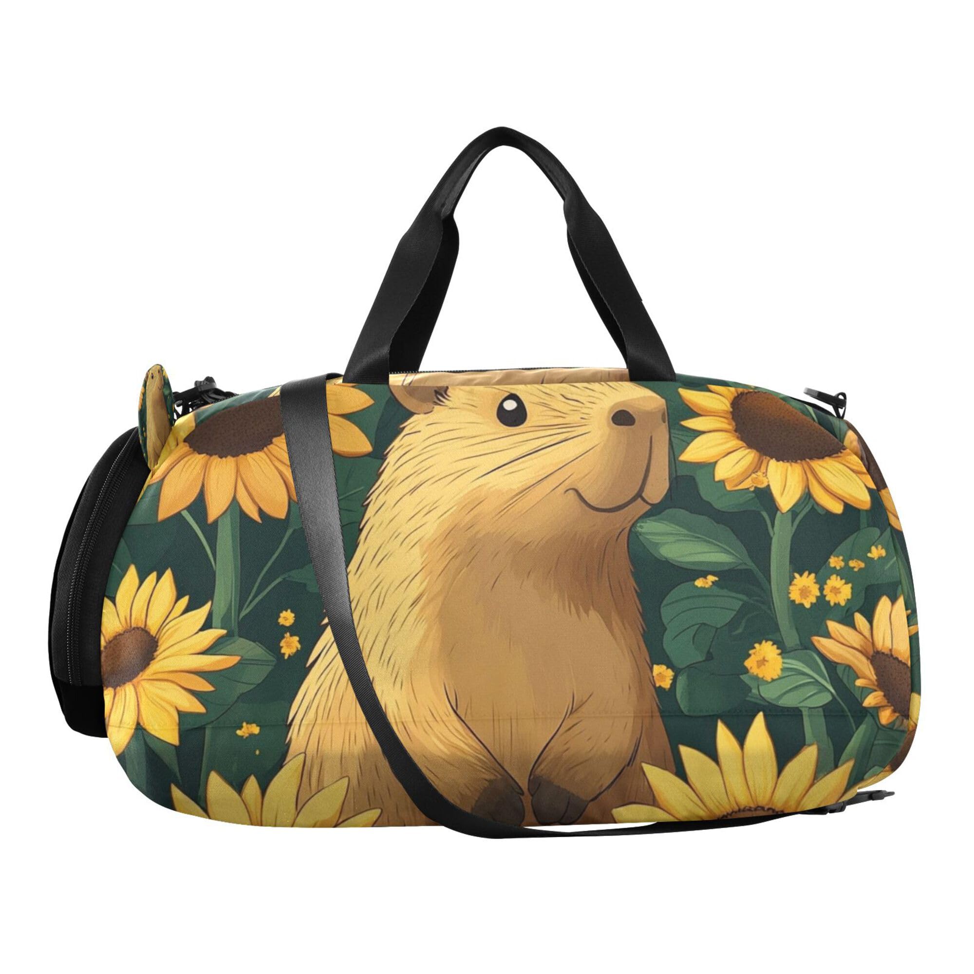 Glaphy Capybaras Sunflowers Duffle Bag for Toddler Boys Girls, Gym Sports Bag with Shoe Compartments, Kids Travel Overnight Weekender Shoulder Bag