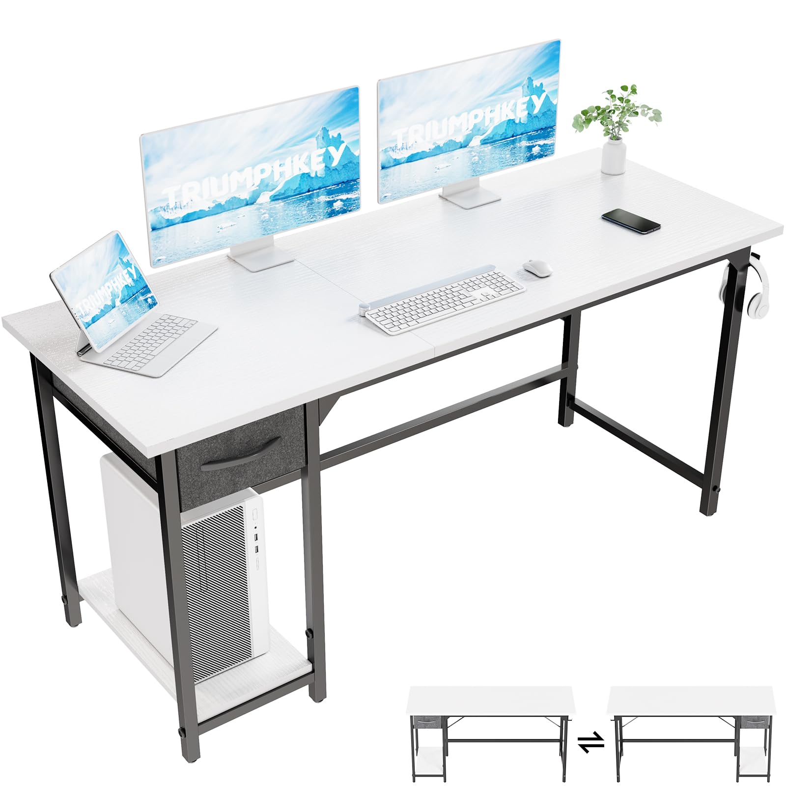 TRIUMPHKEY Escritorio de Oficina con Cajones,140 cm Escritorio de Ordenador con Gancho, Mesa de Juego Reversible, Escritorio de Ordenador de Estilo Moderno para Dormitorio y Oficina en Casa Blanco