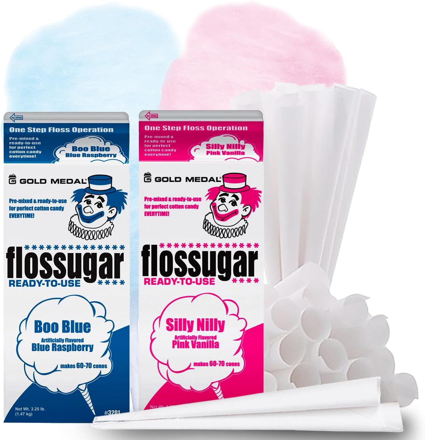 Blue Raspberry & Pink Vanilla Cotton Candy Floss (Two 3.25 lbs Containers w/100 Cones)