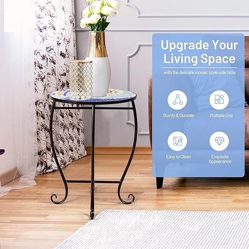 Miniatura 6 de S AFSTAR Mesa de patio de mosaico, 21 pulgadas de alto x 14 pulgadas de diámetro, mesa auxiliar redonda de mosaico para exteriores, mesa de bistró