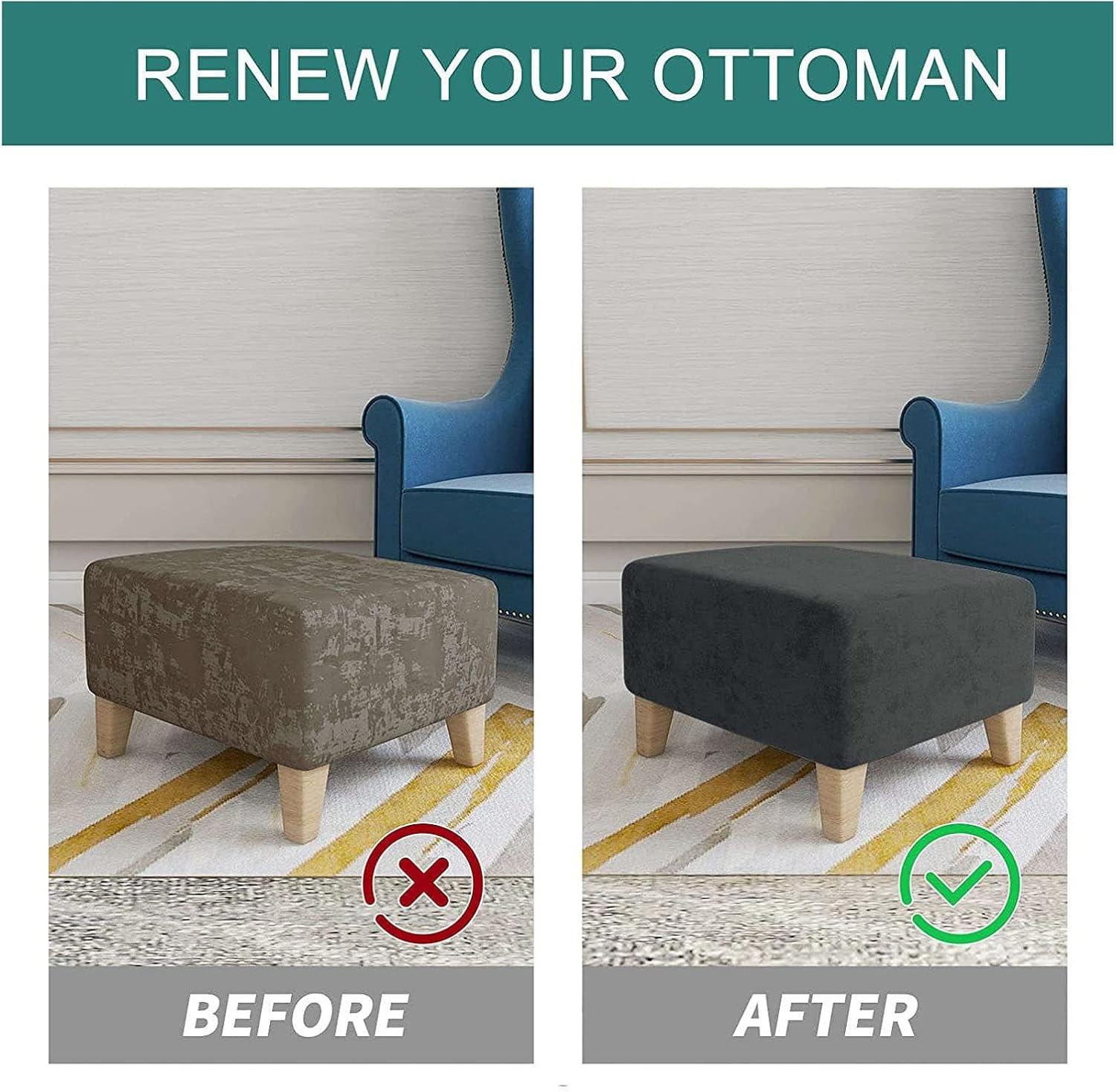 Konsilsa Square Velvet Plush Ottoman Covers,Ottoman Slipcover Square Footstool Protector Covers Storage Stool Ottoman Covers Stretch with Elastic Bottom (Color : Dark Gray, Size : X-L)