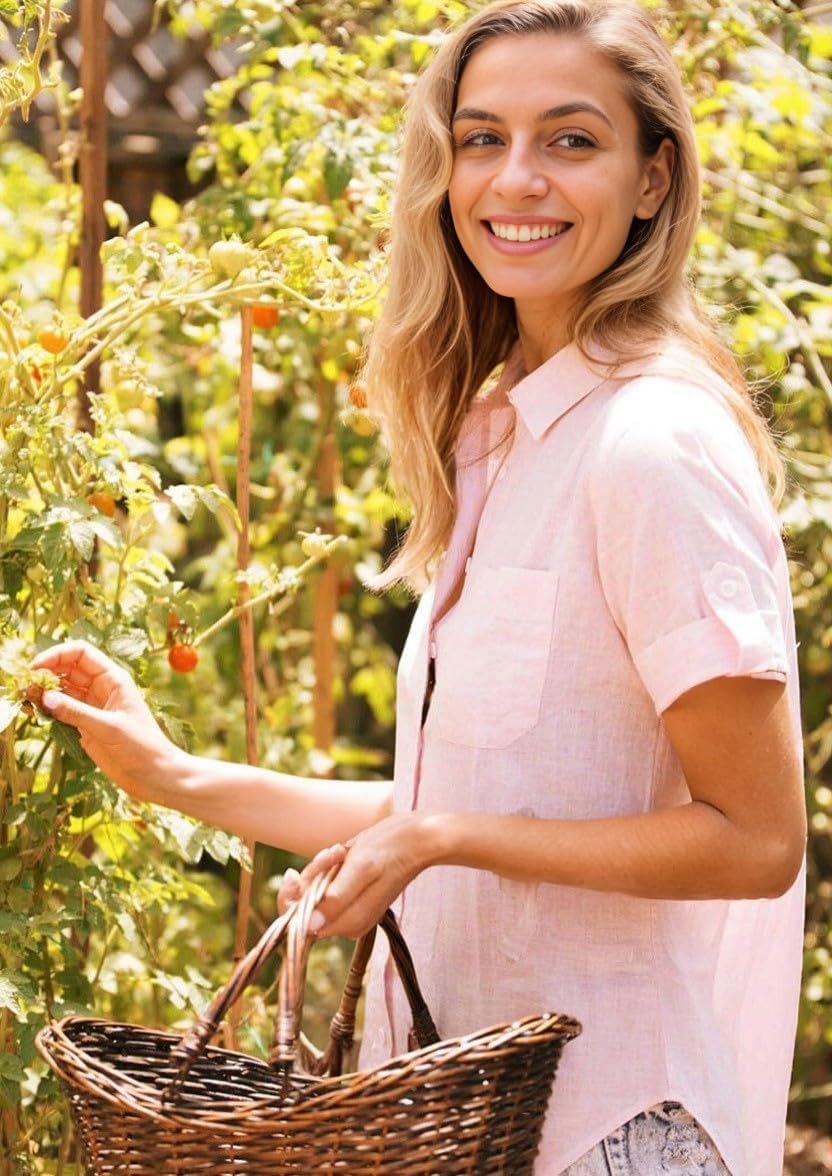 Hotouch Linen Button Down Shirt Women Roll-Up Cuffed Short Sleeve Blouses V Neck Collared Shirts Summer Beach Cotton Tops - Image 3