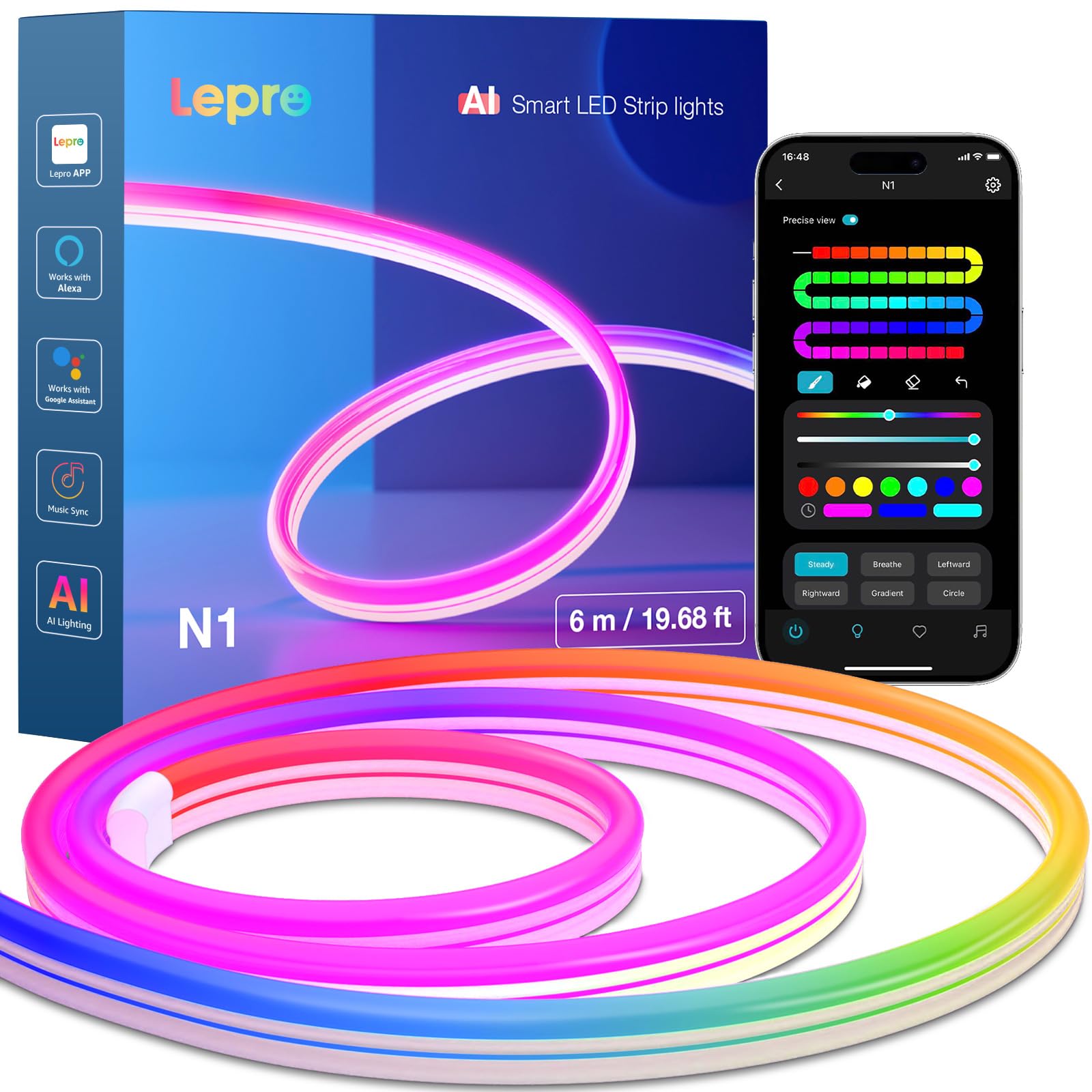 Lepro N1 AI Smart Rainbow Neon Light Strip 6M, 96 LEDs/M, Work with Alexa, Google Home, Music Sync, AI Lighting Design Assistant, IP65 Rope Light, MagicColor LED Light, App & Voice Control, No Remote