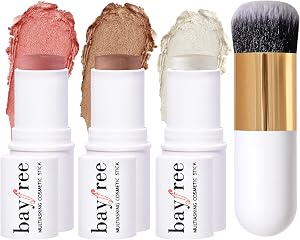 KIMUSE Face Sticks Trio, Cream Blush & Highlighter & Contour Stick for Sculpt the Cheeks, Long Lasting Cream Contour Stick Trio for Face Makeup, with Brush (Coral Glow-Brush)