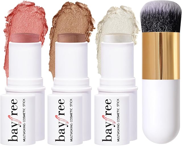 KIMUSE Face Trio de bâtons, crème blush & En avant-plan & Contour Stick pour Sculpter les Cheeks, Trio de Contour à Crème Longue pour maquillage visage, avec Brosse (Coral Glow-Brush)
