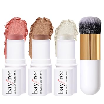 KIMUSE Face Sticks Trio, Cream Blush Stick & Highlighter Stick & Contour Stick for Sculpt the Cheeks, Long Lasting Cream Contour Stick Trio for Face Makeup, with Brush