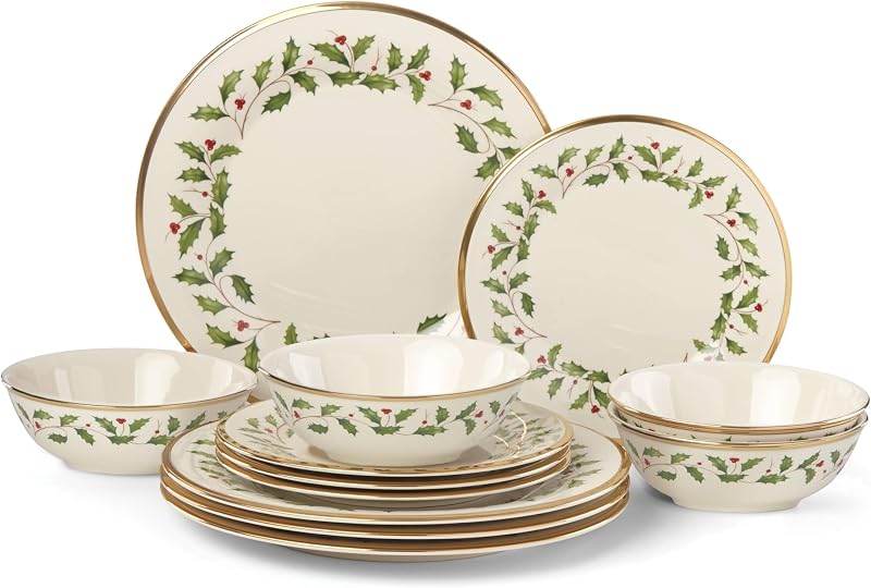 Juego de platos y tazones de porcelana navideña navideña Lenox, 12 piezas | cerámica, apto para lavavajillas | incluye platos llanos, platos de ensalada y tazones | esencial para cocina y comedor | placa de 10,5 pulgadas