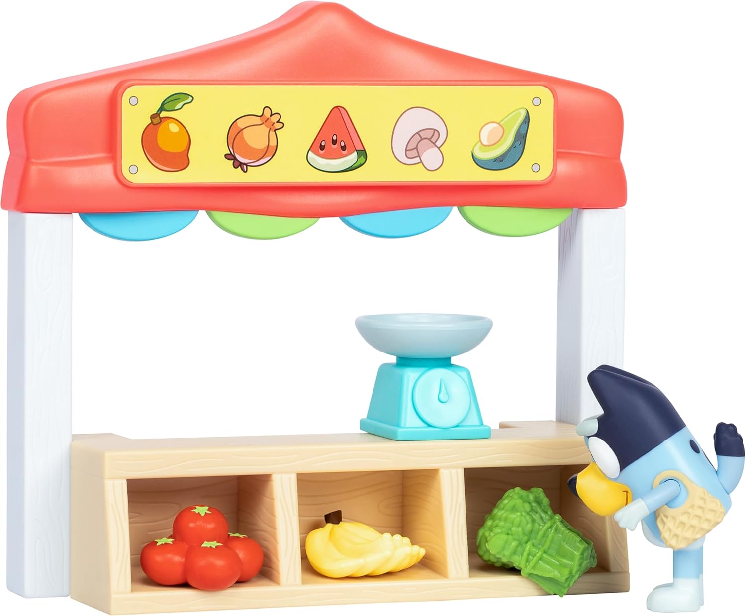 Bluey Farmers Market Playset, Toy Store Playset with Articulated Figurine, Toy Scale, Dollar Bucks, and Food Items, Shopping Toys for Kids Ages 3+