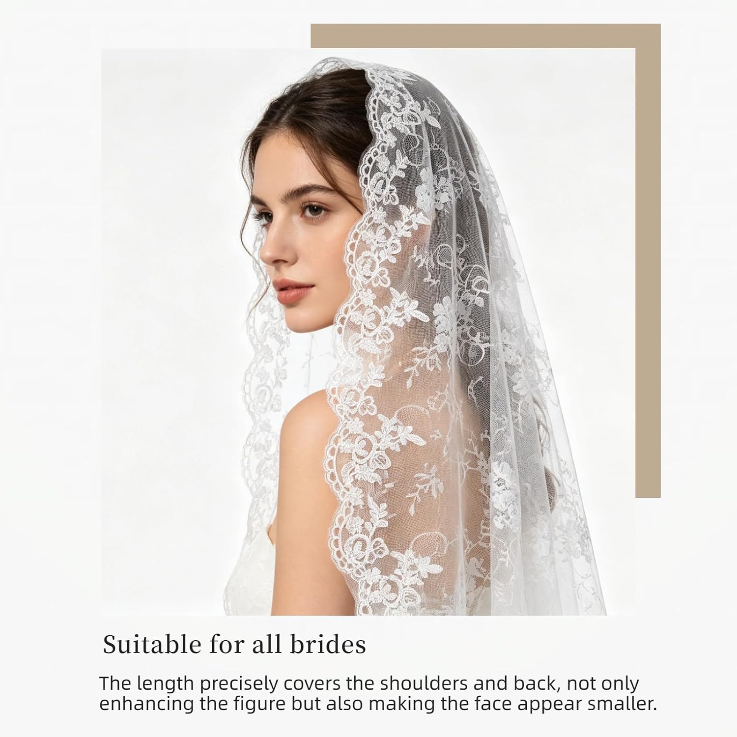 Lace Wedding Veil for Brides, 1 Tier Mantilla Veil with Lace Edge, Fingertip and Waltz Length Bridal Veil for Wedding
