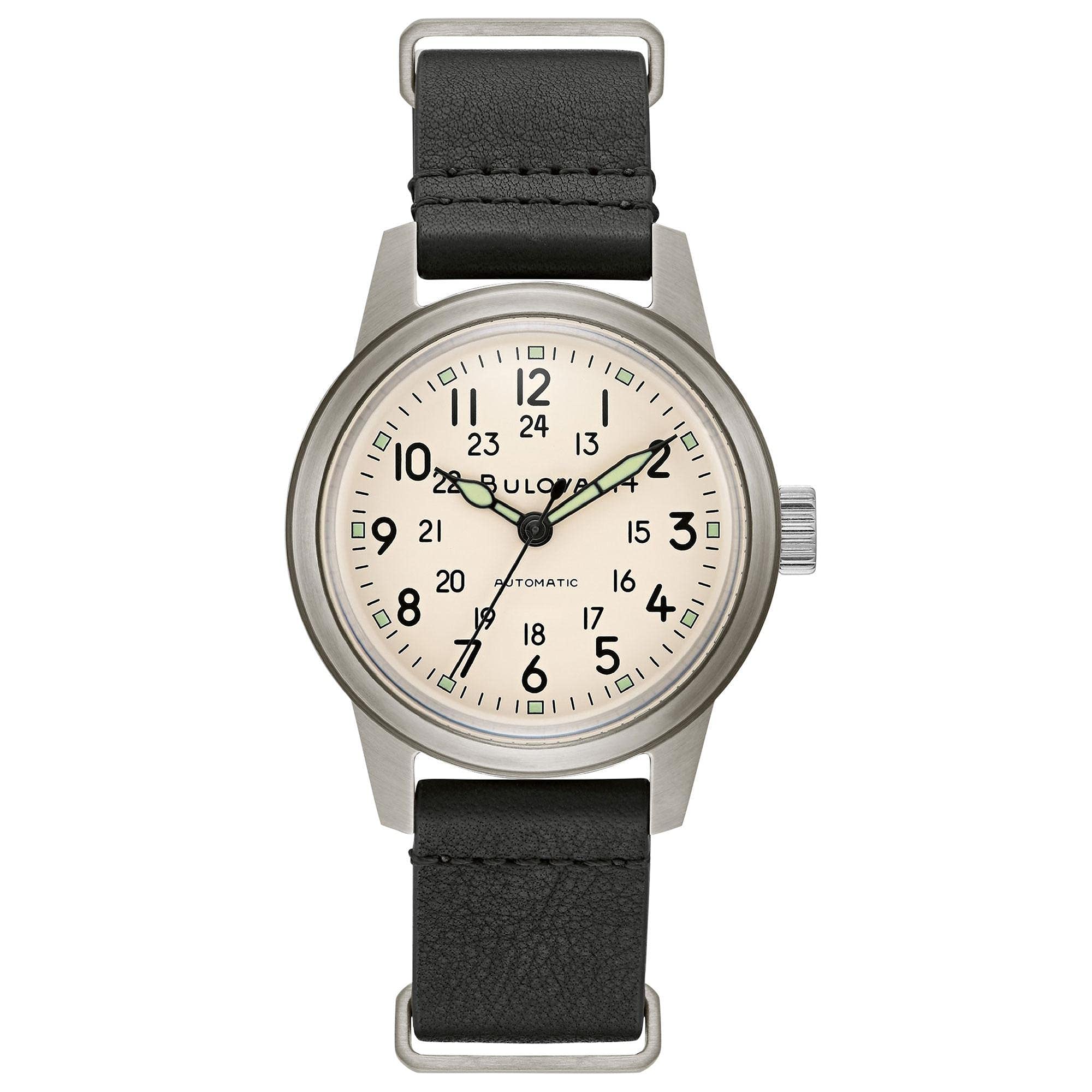 Bulova Hack Hack - Orologio automatico da uomo a 3 lancette in acciaio inossidabile, cinturino in pelle Nato, lancette e pennarelli luminosi