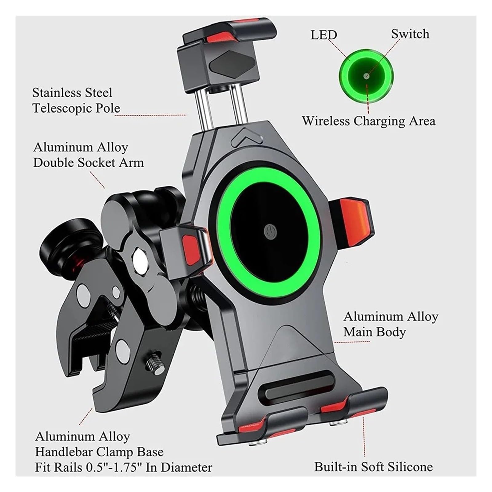 Soporte Manillar Moto Soporte para Teléfono Motocicleta Cargador Inalámbrico Qi 15 W Amortiguador Vibraciones Resistente Al Agua Manillar Móvil Soporte Móvil Bicicleta