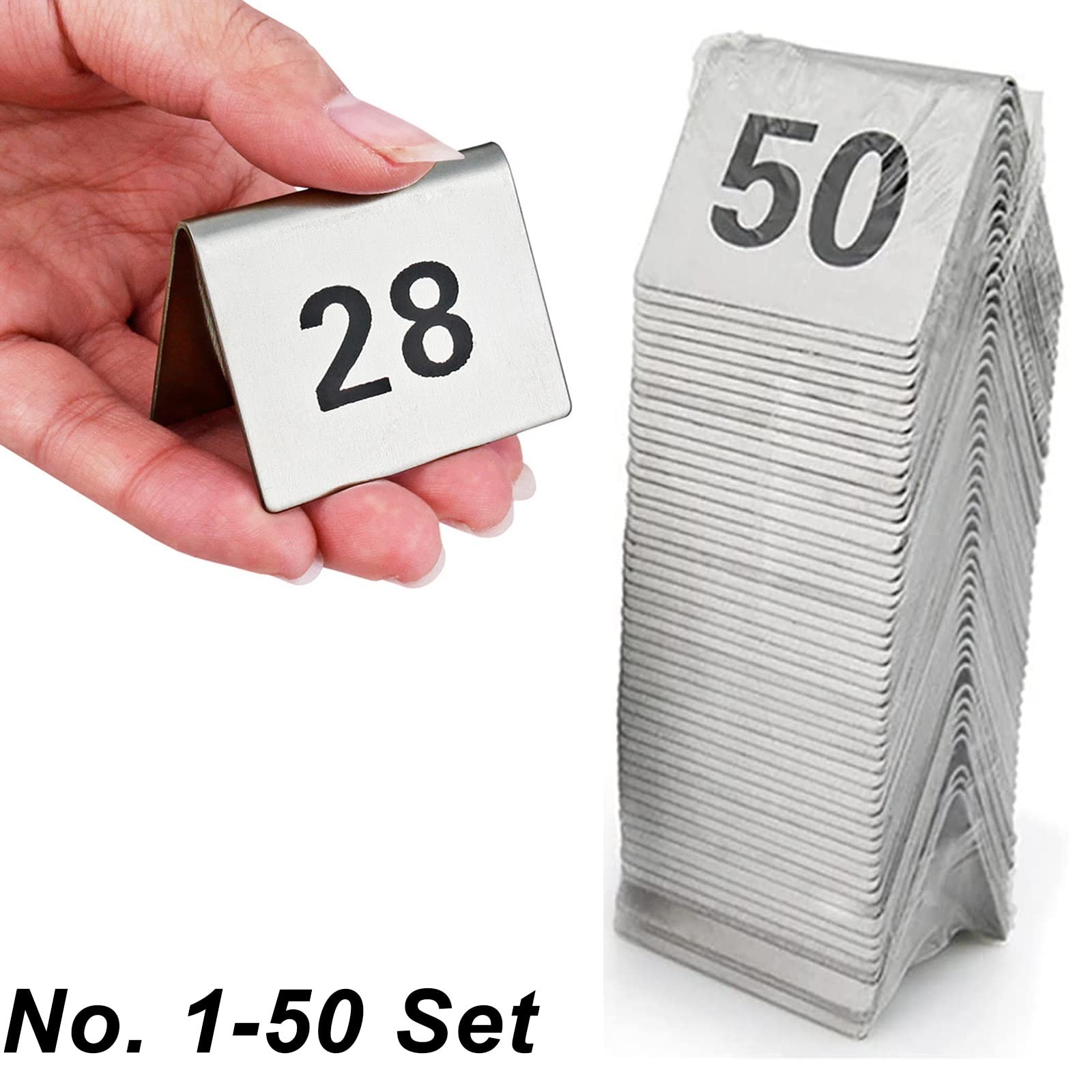 Números de mesa metálicos 1-50/100, tarjetas reciclables, resistentes y fáciles de limpiar, apilables, de doble cara para fácil reconocimiento, marcador de mesa para restaurante, cafetería, bar (