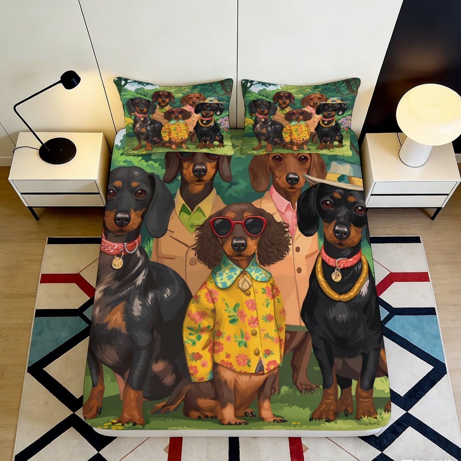 3D Printed Cartoon Dachshund Dog Fitted Sheet Microfiber Soft Anti-Slip Animal Pattern Mattress Cover for Bedroom Guestroom Decor 90x200x25cm