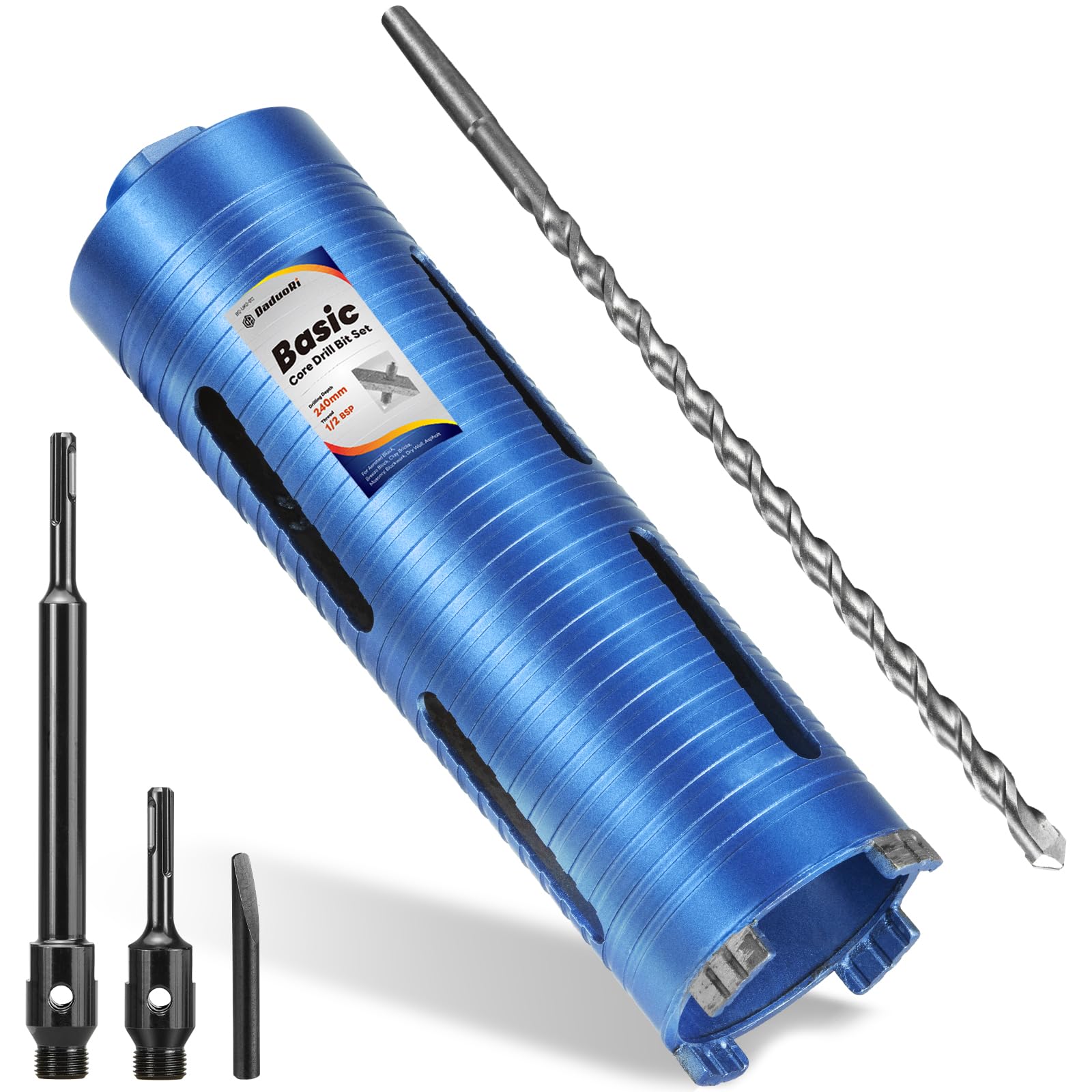 76mm x 240mm Jeu de carotte longue avec adaptateur SDS Plus 240mm, 110mm et foret pilote central, carotte diamantée pour brique, bloc, maçonnerie, pierre, filetage 1/2 BSP (Pour trou 75mm)