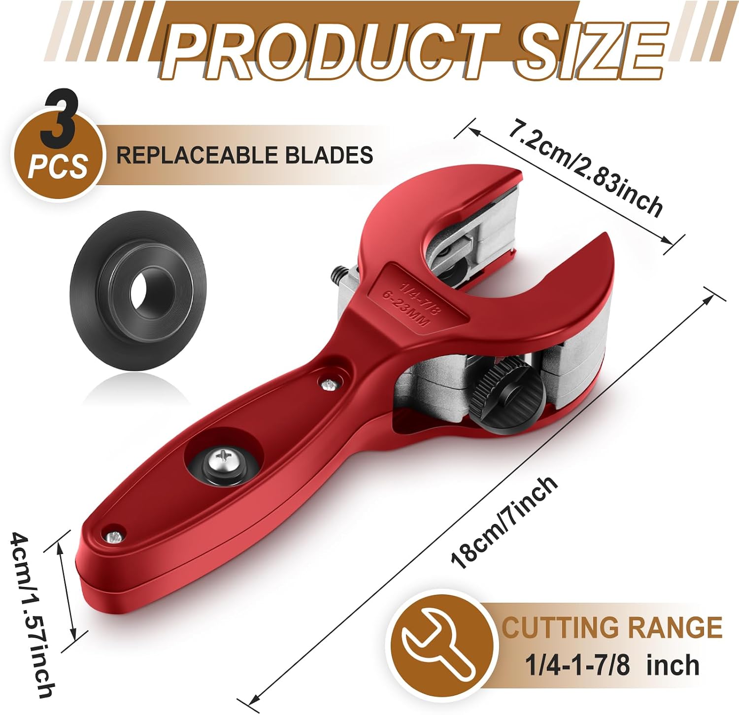 Ratcheting Tubing Cutter 1/4" to 7/8" with 3 Pcs Replacement Blade,Red image 2