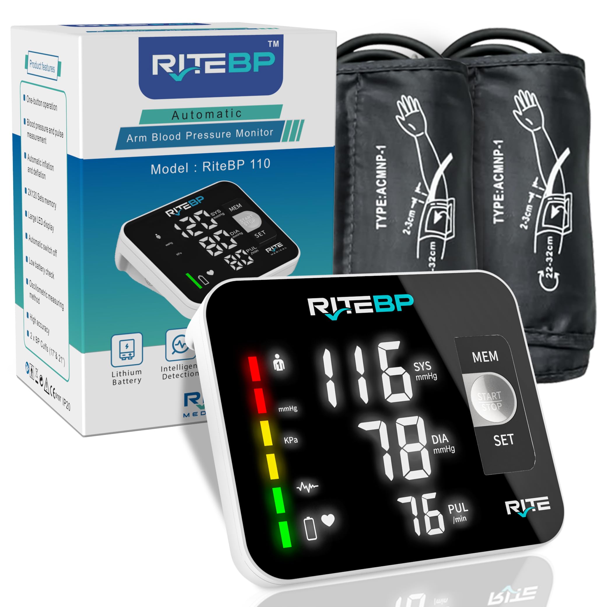 Digital Blood Pressure Monitor with 2 Large Arm Cuffs (22–42 cm) | Accurate &amp; Easy-to-Use, USB Type-C Rechargeable, Automatic Upper Arm BP Machine for Home Use