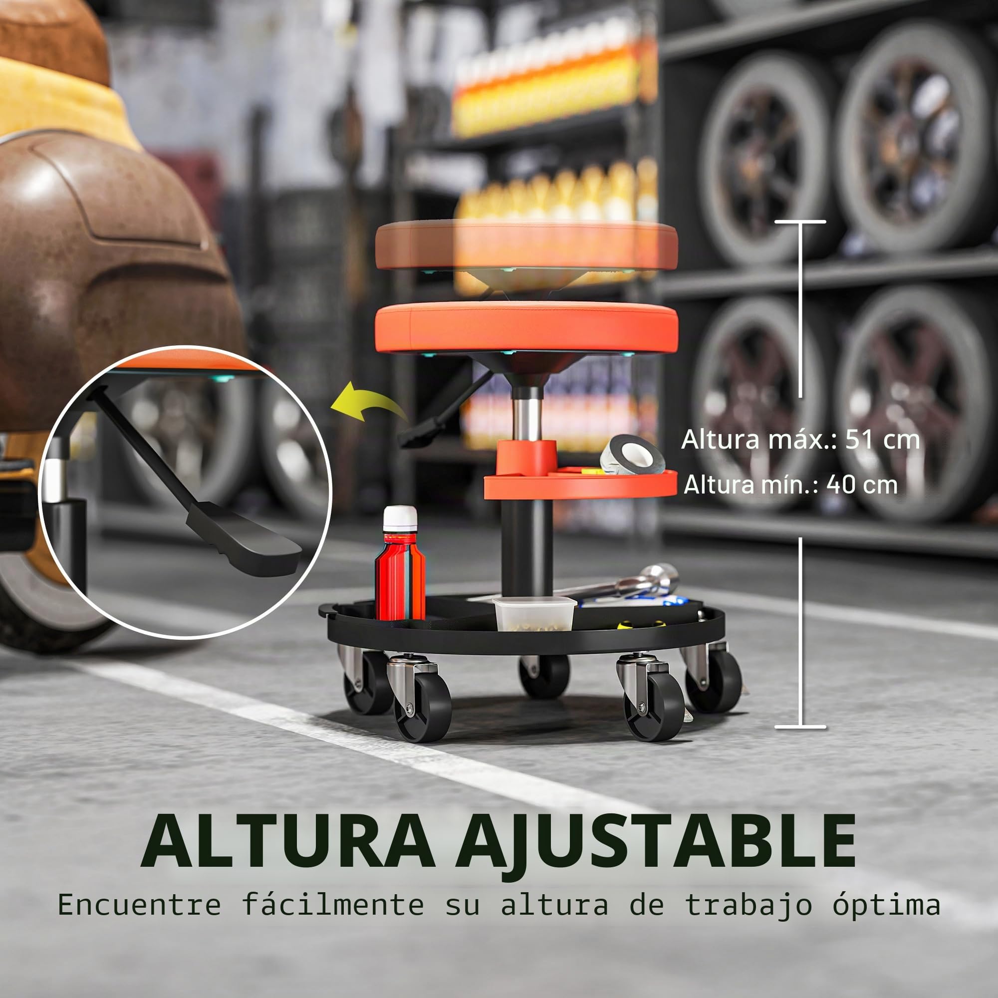 HOMCOM Taburete de taller con ruedas, taburete de mecánico con altura regulable 40-51 cm, 2 estantes para herramientas, asiento giratorio, carga máx. 135 kg, amarillo