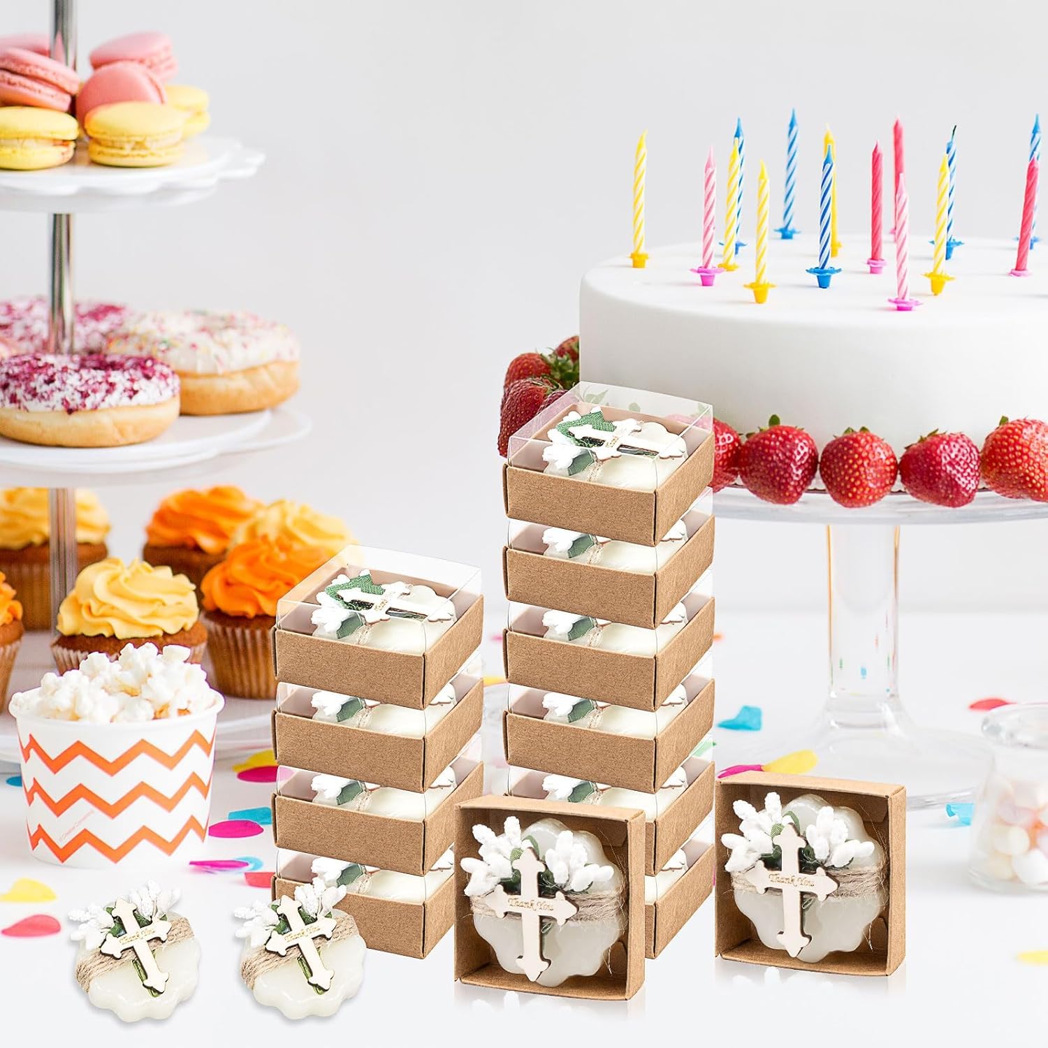 Lot de 24 Savons Parfumés Invités avec Fleurs Séchées – Cadeaux Baptême Fille Garçon avec Étiquettes Bois Merci – Souvenirs Communion, Naissance, Mariage, Anniversaire, Cadeaux Invités