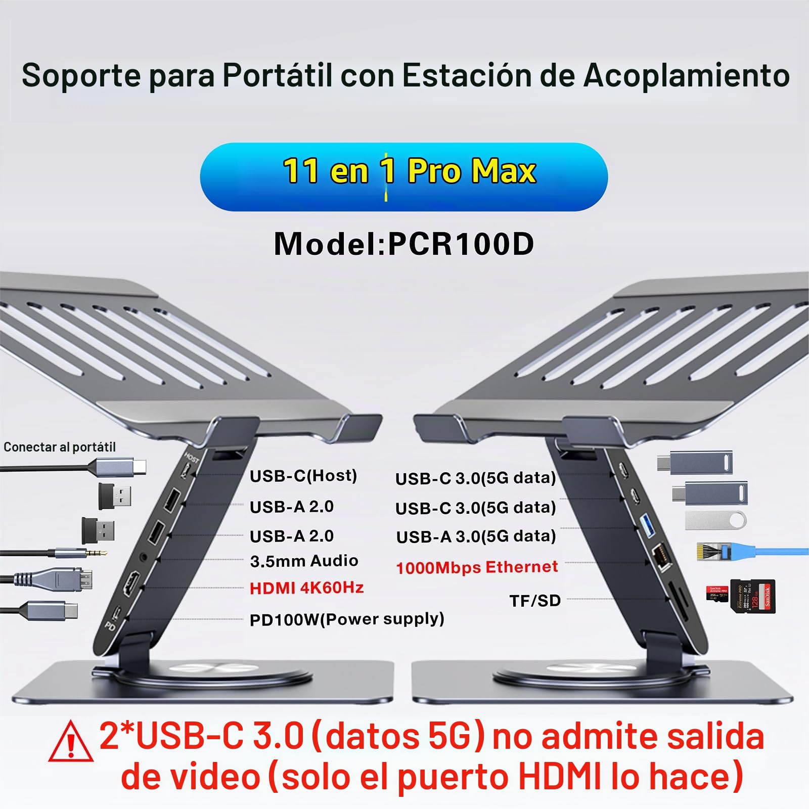 Estación de Acoplamiento para Laptop para MacBook Pro/Air/DELL/HP/Surface HC 11 en 1, hub USB C, Soporte Giratorio de 360° para Laptop con hub USB 4K, HDMI, USB 3.0, PD100W, Conector de Audio de 3.5