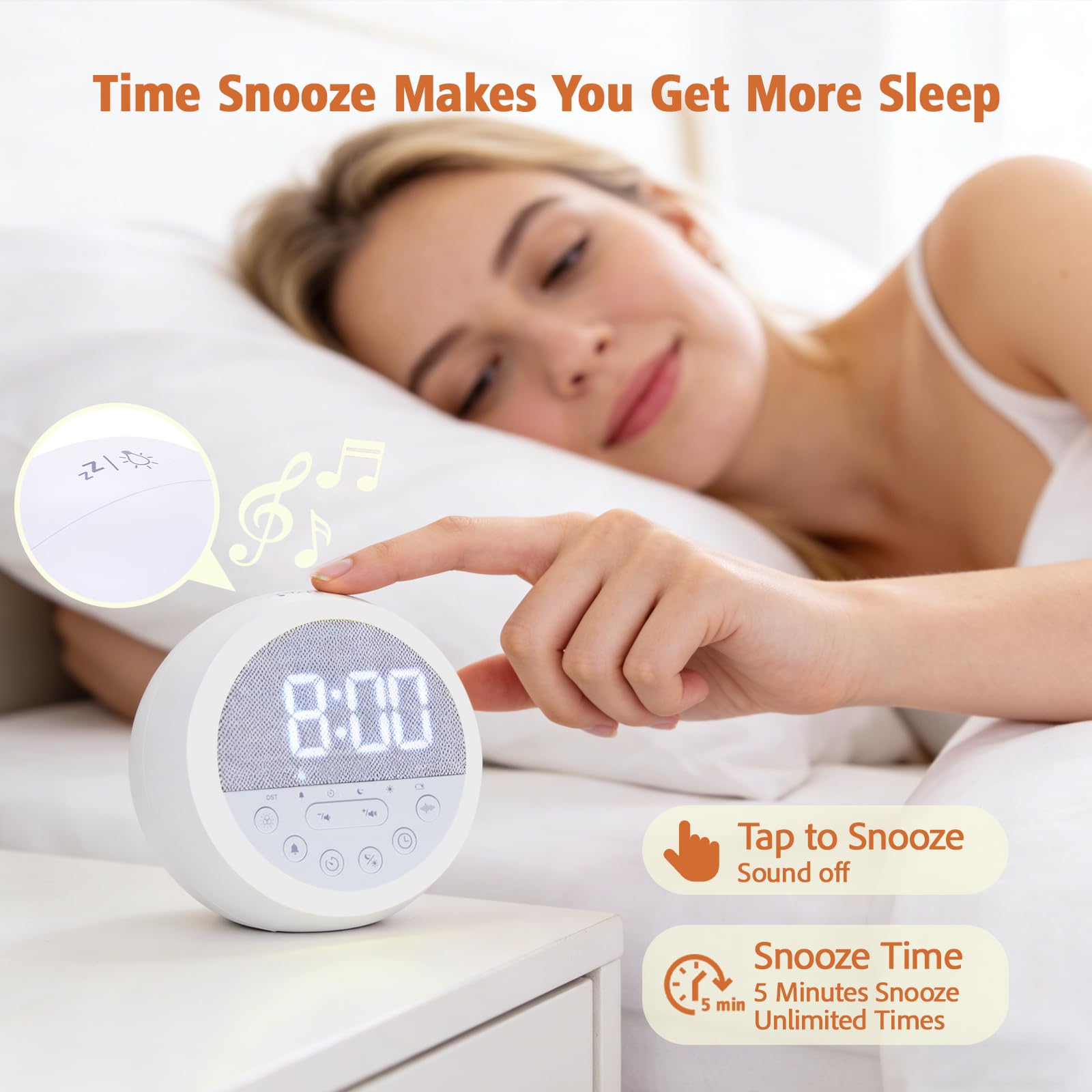 Gemmac White Noise Sound Machine Nachtlicht Wecker Einschlafhilfe Erwachsene LED Nachtlicht Wecker Digital mit Timer, USB Weißes Rauschen Sleep Besser Schlafen Alarm Clock Büro Reise Schlafzimmer