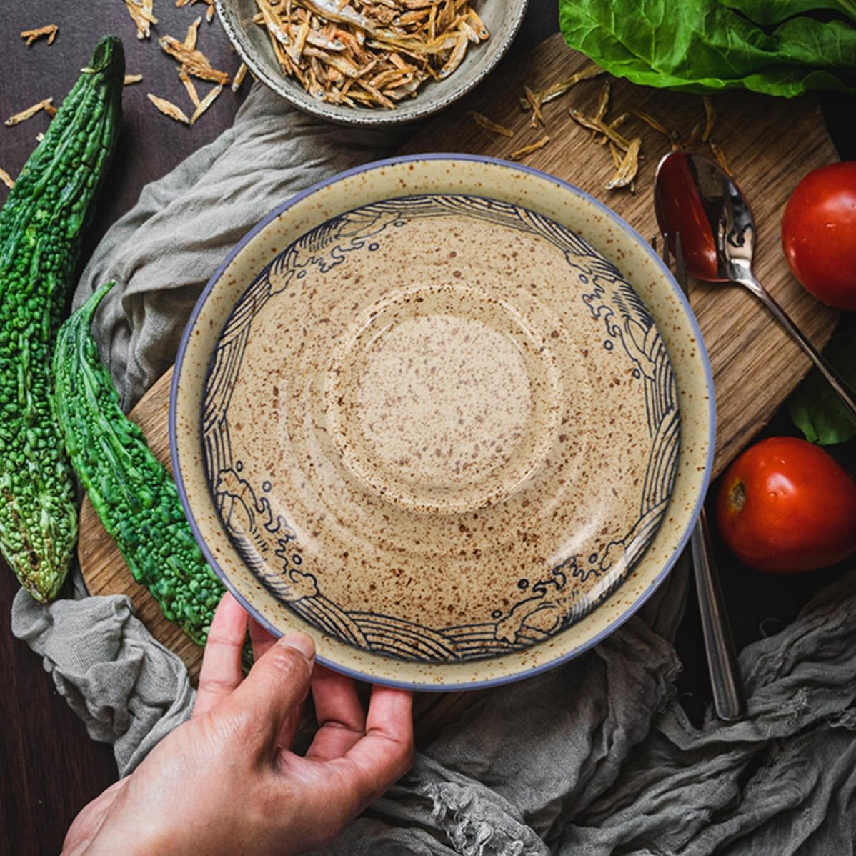 KICHOUSE Japanische Suppenschüssel aus Keramik mit Deckel 21,5cm Große Ramen Schüssel für Nudeln und Salat Einfach zu Reinigen mit Glatter Oberfläche Schlichtes Schönes Design für Food