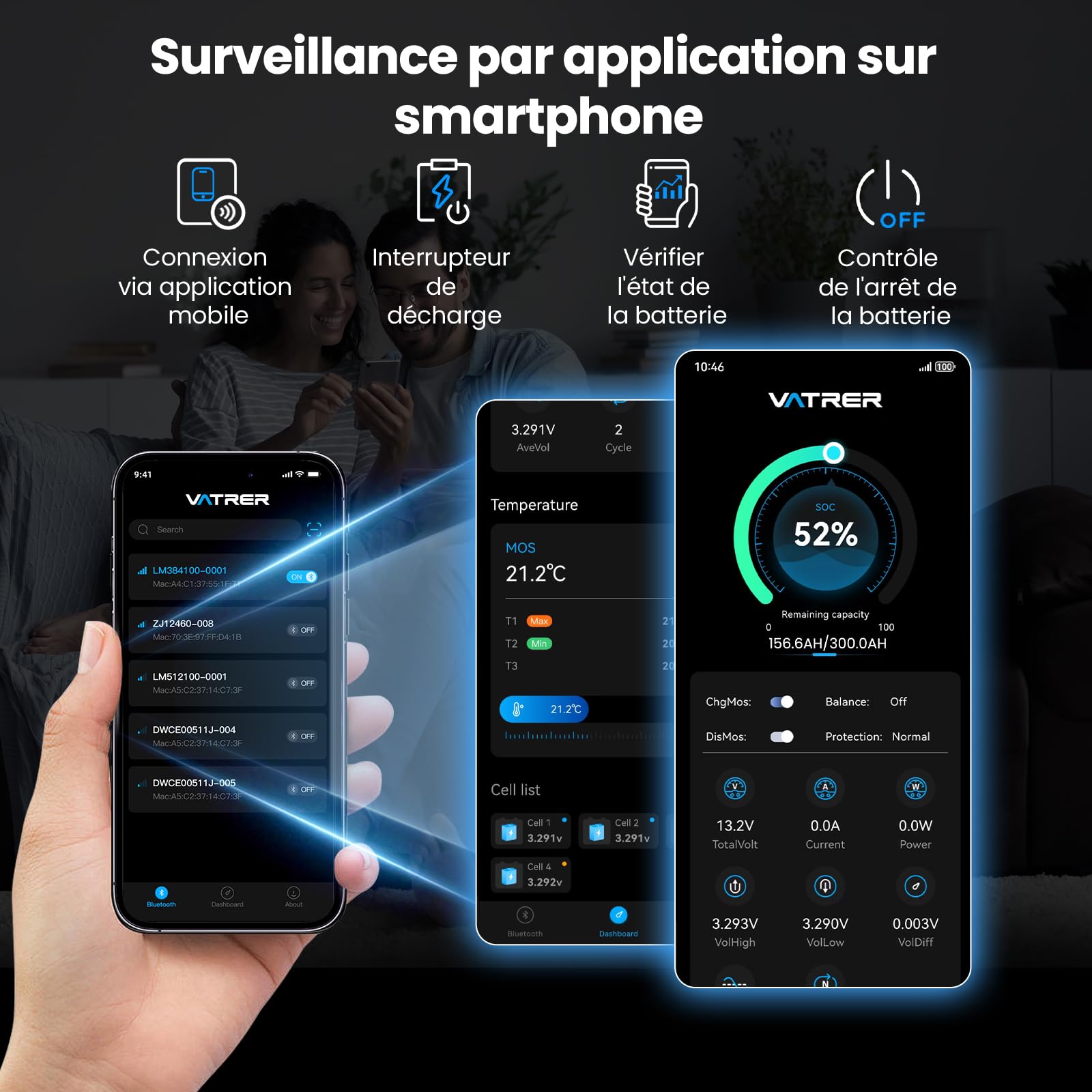 VATRER POWER Batterie LiFePO4 12V 300Ah Chauffante Bluetooth BMS 200A