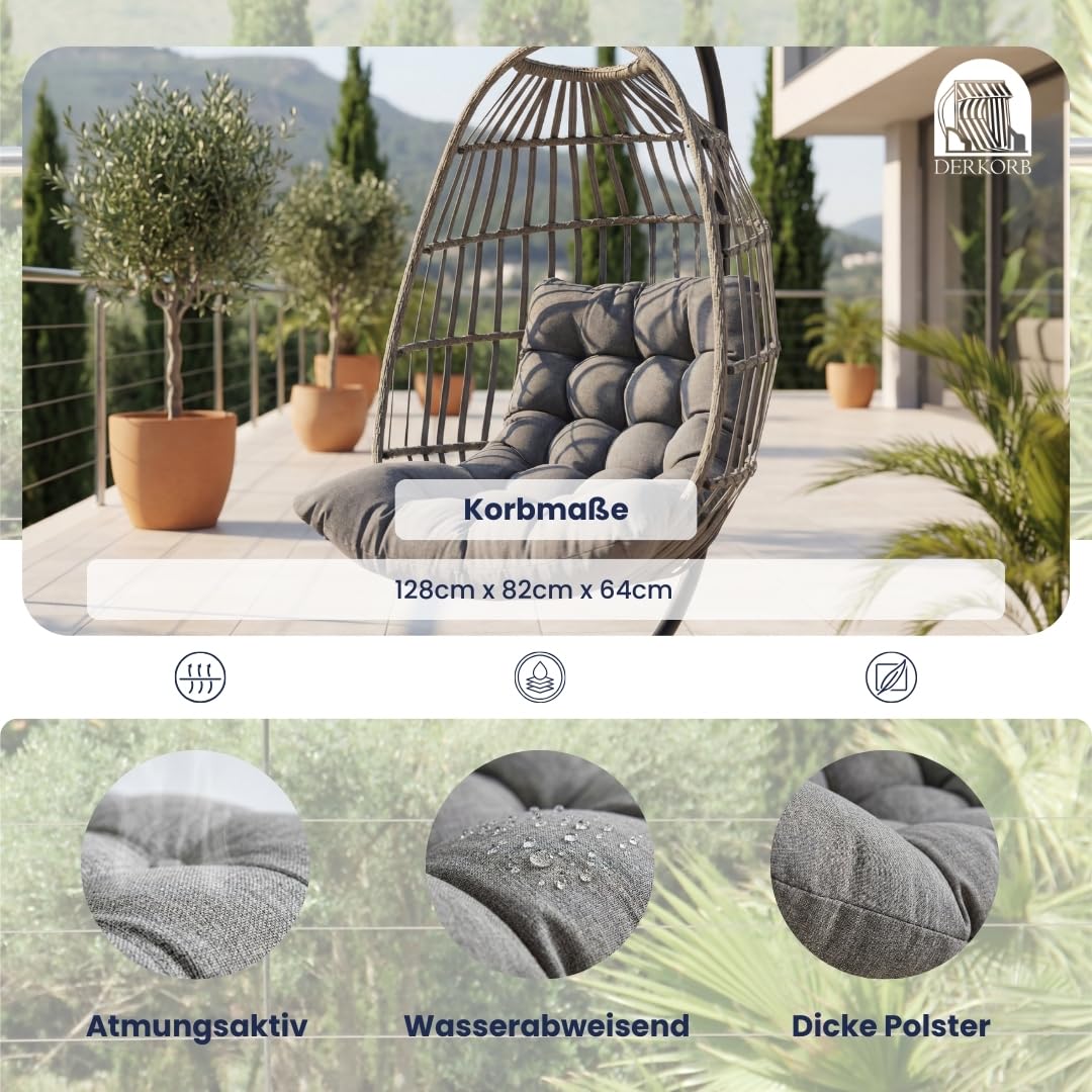 Der Hängekorb - Hängesessel mit Gestell, wetterfest inkl. Polster – Rattan Hängeschaukel für Garten & Indoor, Outdoor Schaukelsessel in Anthrazit
